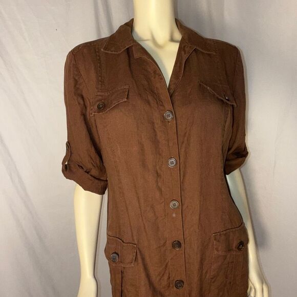 Vintage Maggy Linen Button-Front Utility Shirt Dress/Duster – Chestnut Brown, Si - Picture 11 of 13